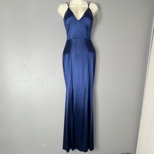 Windsor Blue Satin Strappy Maxi Gown Dress Sleeveless Tie Back S
